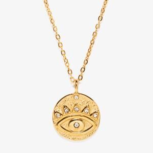 Evil Eye 18K Gold Plated Stainless Steel Coin Zircon Pendant Necklace Protection